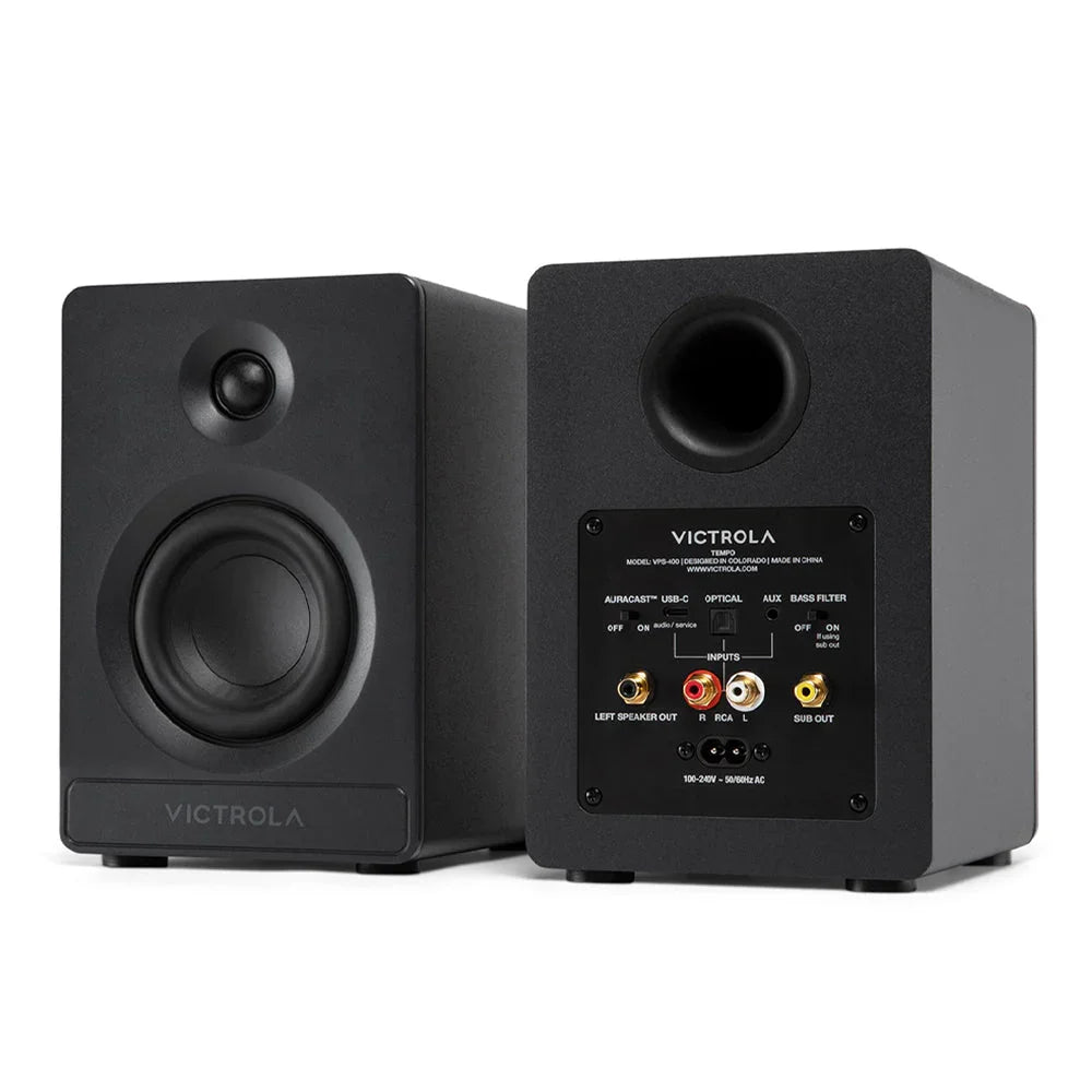 Automatic Turntable +  Tempo Bookshelf Speakers Bundle - Black