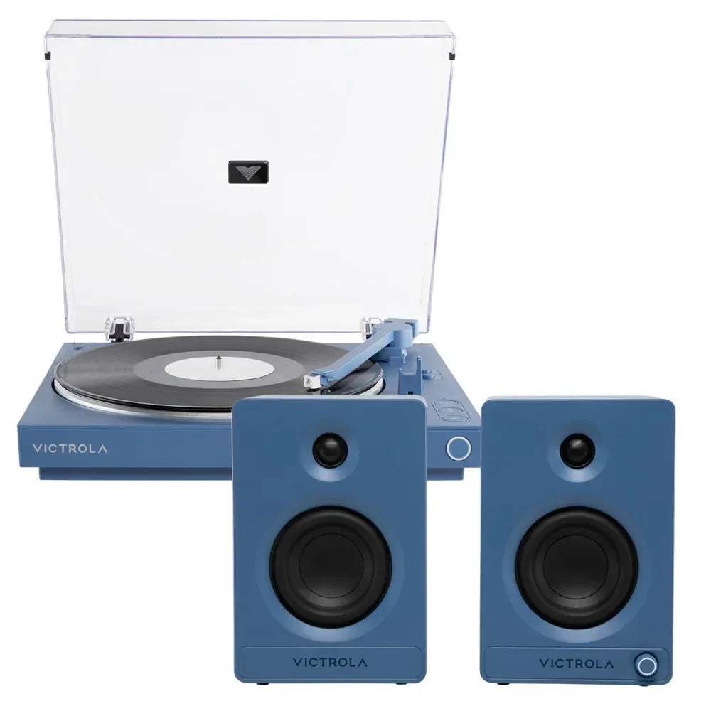 Automatic Turntable +  Tempo Bookshelf Speakers Bundle - Blue