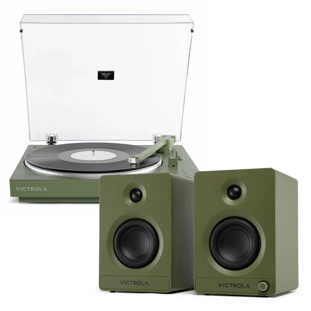 Automatic Turntable +  Tempo Bookshelf Speakers Bundle - Green
