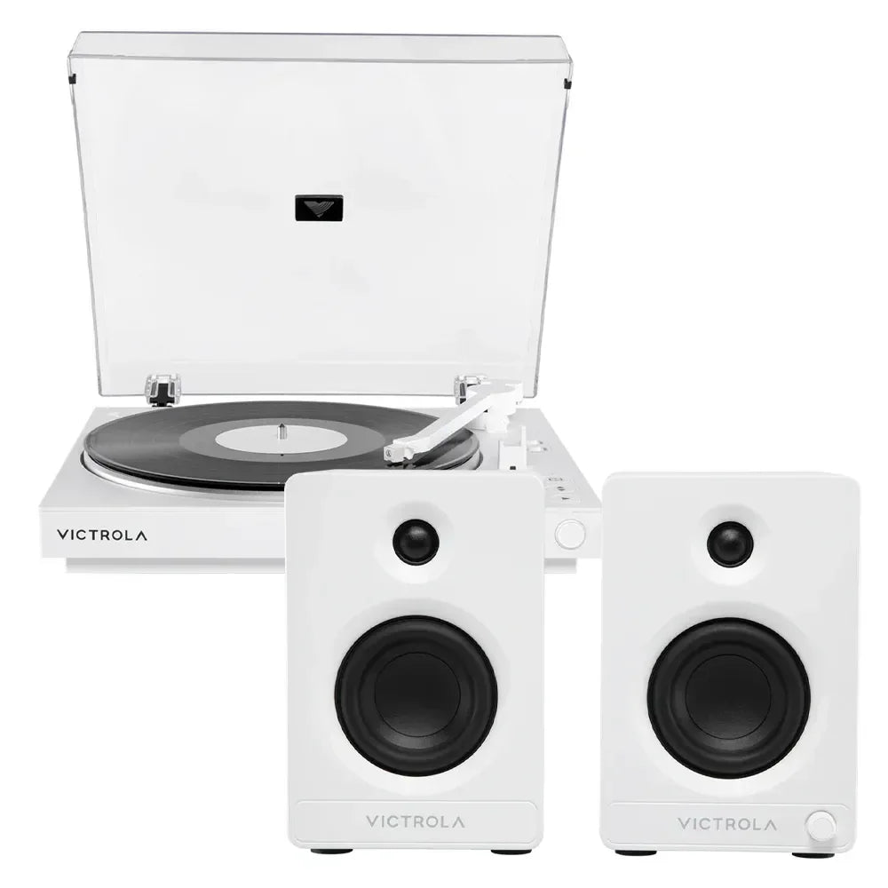Automatic Turntable +  Tempo Bookshelf Speakers Bundle - White