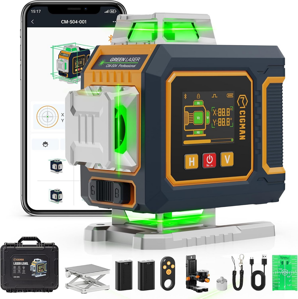 16 Lines Green Laser Level 4×360° Self Leveling, Side LCD, CMS04