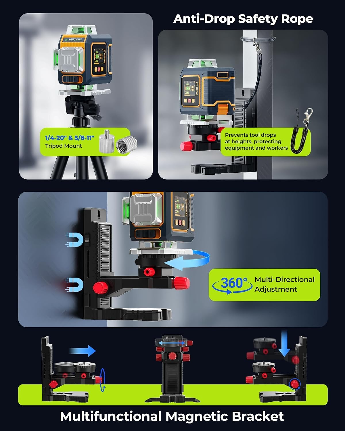 16 Lines Green Laser Level 4×360° Self Leveling, Side LCD, CMS04