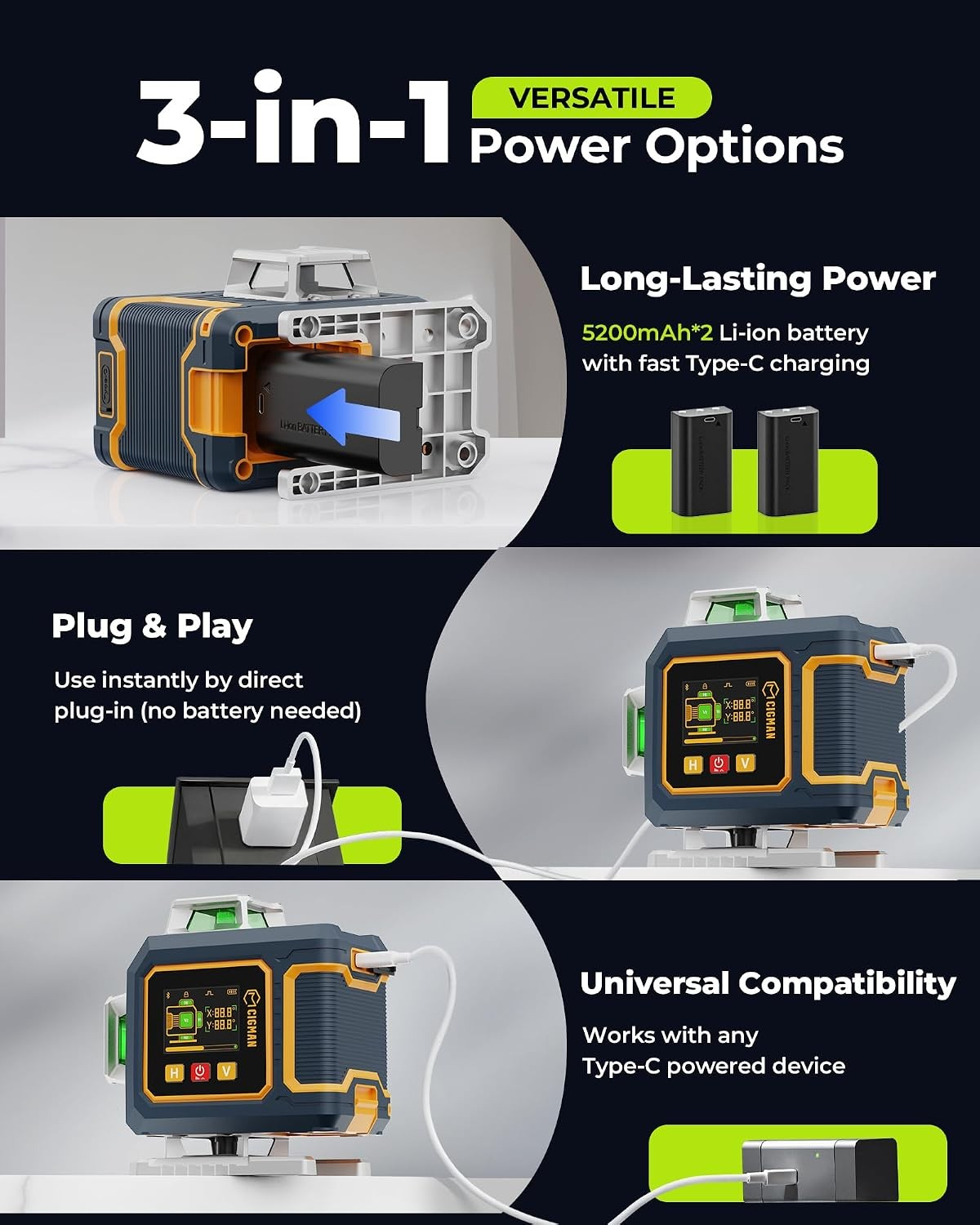 16 Lines Green Laser Level 4×360° Self Leveling, Side LCD, CMS04