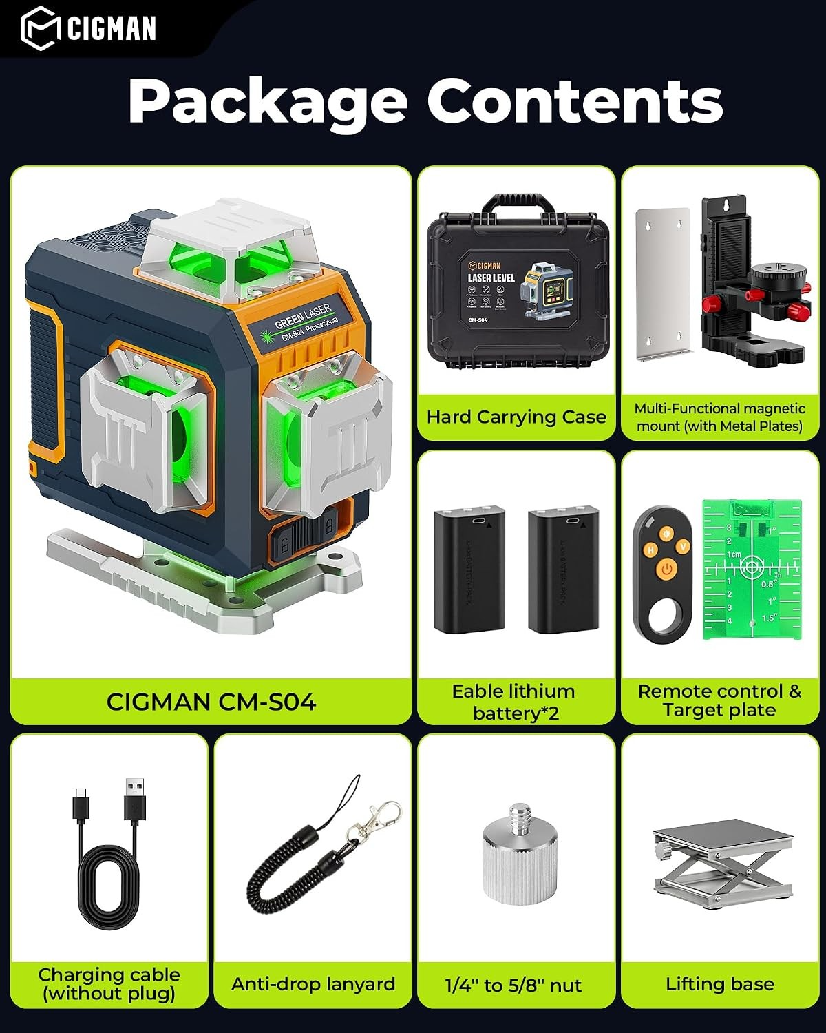 16 Lines Green Laser Level 4×360° Self Leveling, Side LCD, CMS04