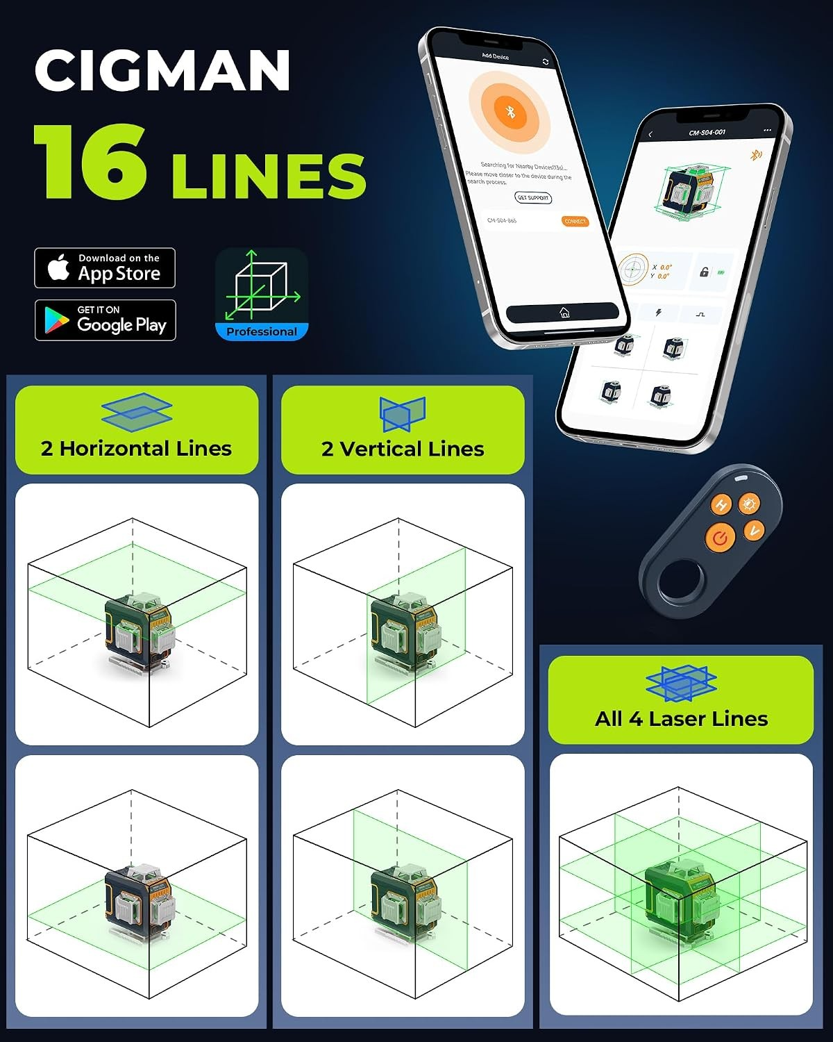 16 Lines Green Laser Level 4×360° Self Leveling, Side LCD, CMS04