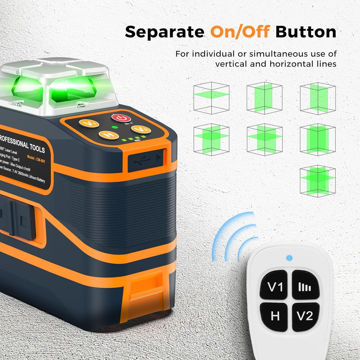 CIGMAN CM-801 3 x 360° Green Laser Level, 12 Line Self-Levelling with Remote
