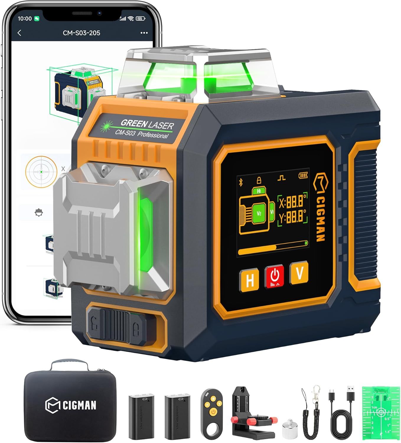CIGMAN Green Laser Level, 3x360° Side LCD 12-Line Self-Leveling, Bluetooth App Remote, Pulse Mode for Receiver, ±1/8 in. at 33 ft Accuracy, 2x Li-ion (USB-C), 1/4-20 Mount, IP54, ABS Hard Case - S03