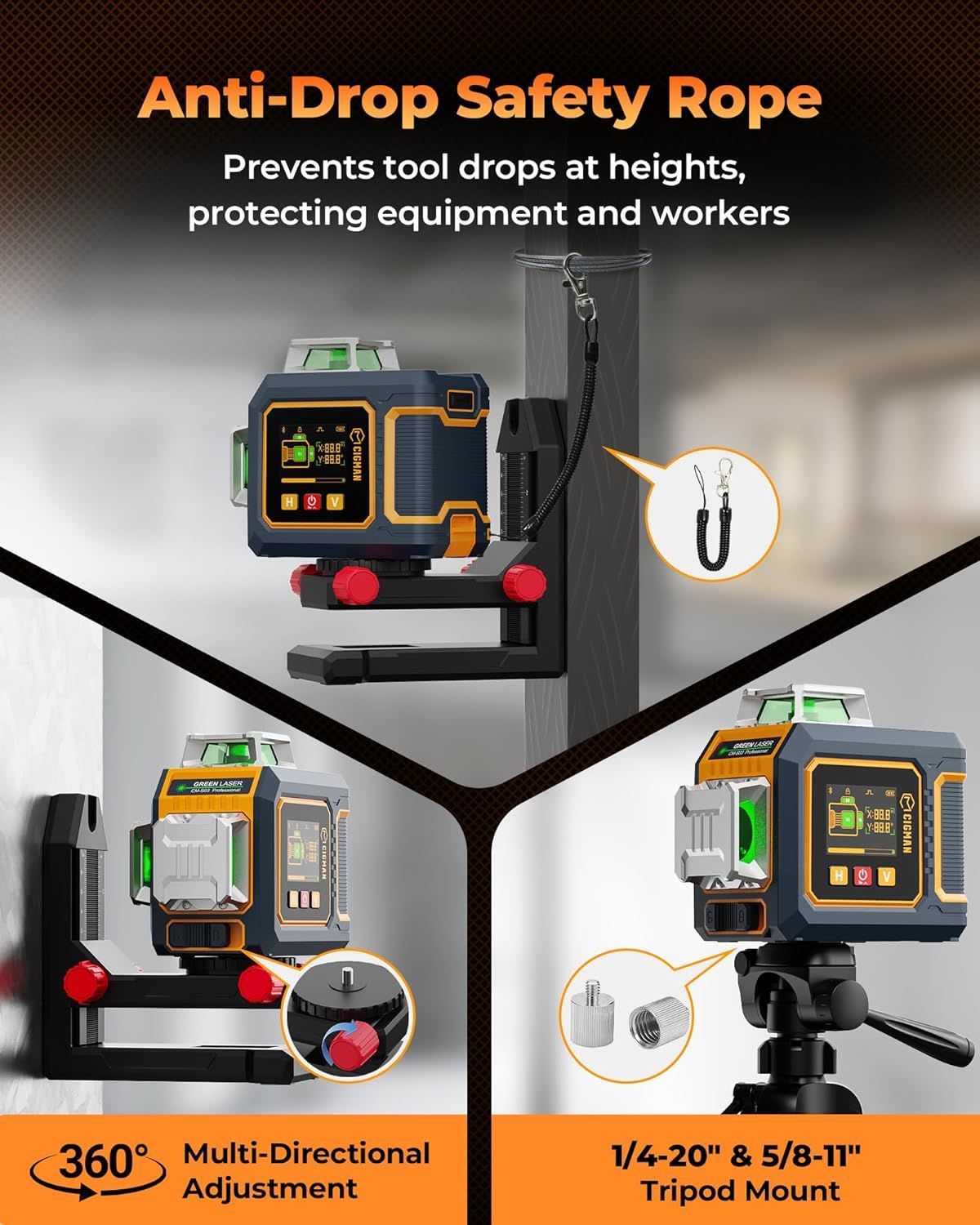 CIGMAN Green Laser Level, 3x360° Side LCD 12-Line Self-Leveling, Bluetooth App Remote, Pulse Mode for Receiver, ±1/8 in. at 33 ft Accuracy, 2x Li-ion (USB-C), 1/4-20 Mount, IP54, ABS Hard Case - S03