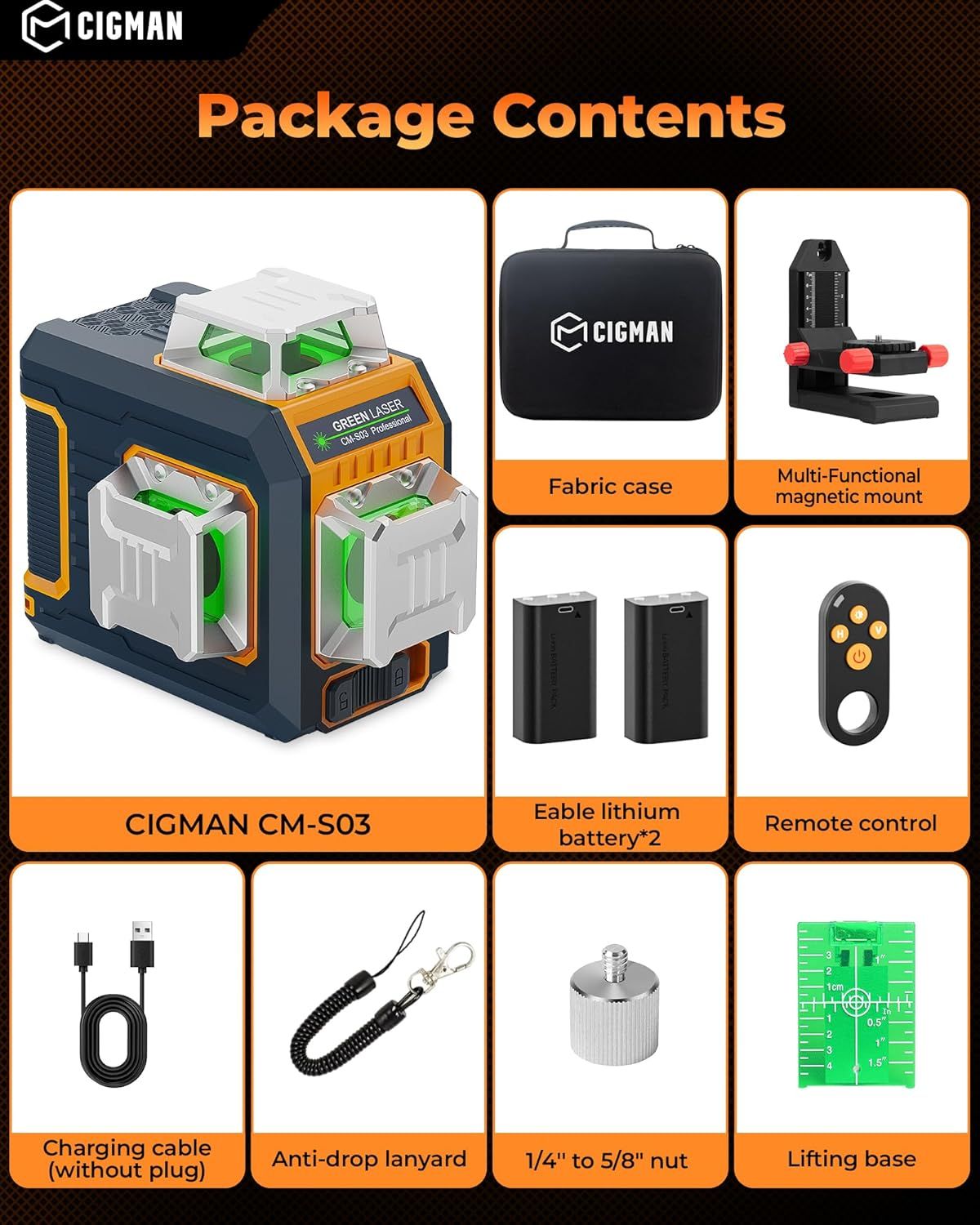 CIGMAN Green Laser Level, 3x360° Side LCD 12-Line Self-Leveling, Bluetooth App Remote, Pulse Mode for Receiver, ±1/8 in. at 33 ft Accuracy, 2x Li-ion (USB-C), 1/4-20 Mount, IP54, ABS Hard Case - S03