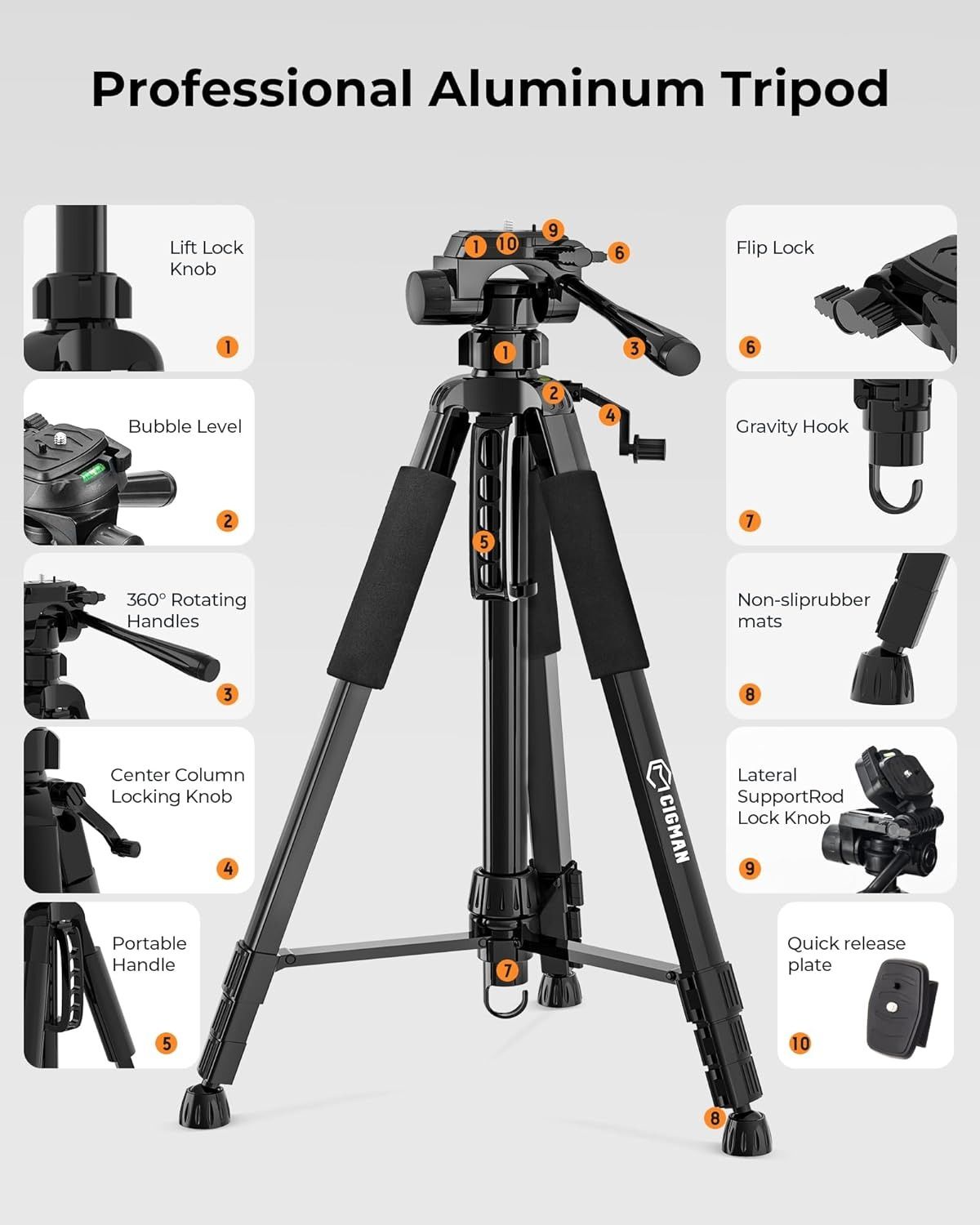 CIGMAN 59-inch Lightweight Adjustable Laser Level Tripod with 3-Way Swivel Pan Head, Bubble Level, Phone Holder, Quick Release Plate with 1/4