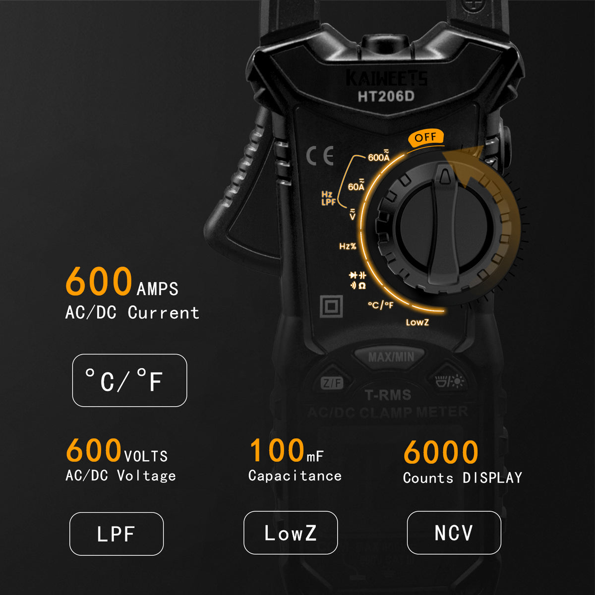 HT206D Digital Clamp Meter T-RMS 6000 Counts, Multimeter Voltage Tester Auto-ranging, Measures Current Voltage Temperature Capacitance Resistance Diodes Continuity Duty-Cycle (AC/DC Current)