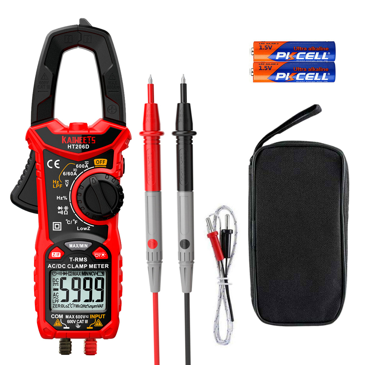 HT206D Digital Clamp Meter T-RMS 6000 Counts, Multimeter Voltage Tester Auto-ranging, Measures Current Voltage Temperature Capacitance Resistance Diodes Continuity Duty-Cycle (AC/DC Current)