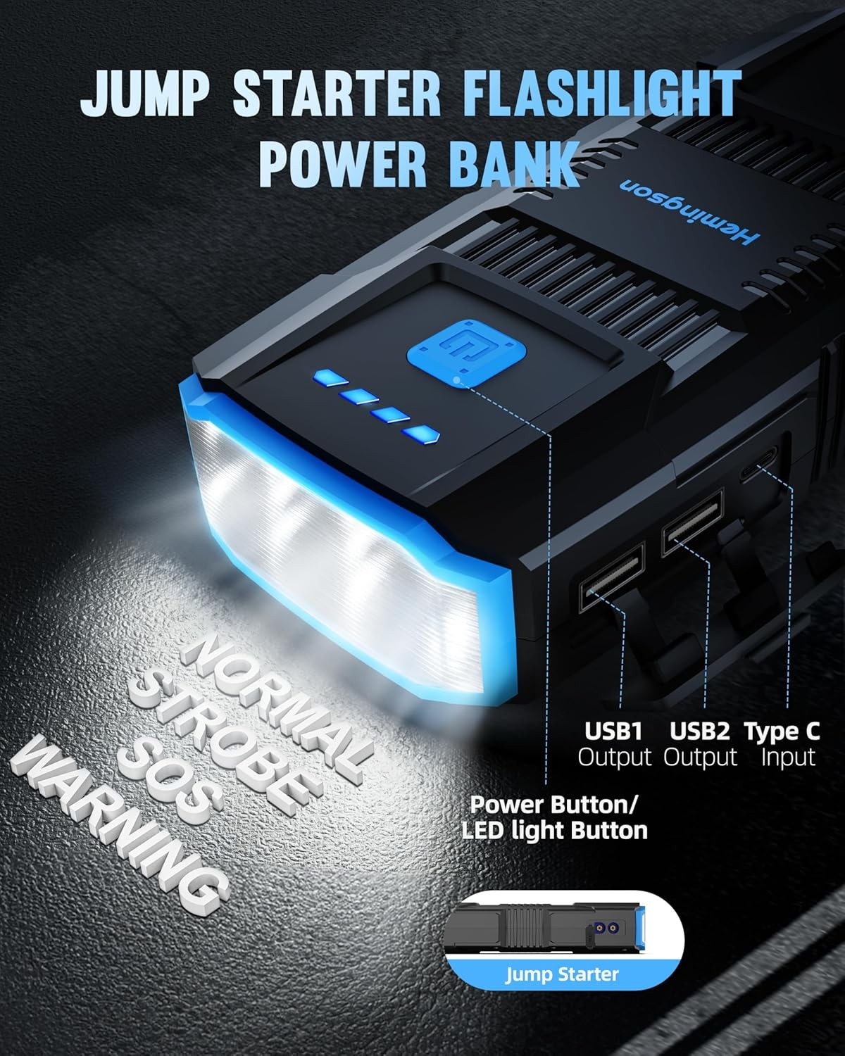 Hemingson 2000A Peak Portable Car Jump Starter Battery Booster with LED Light
