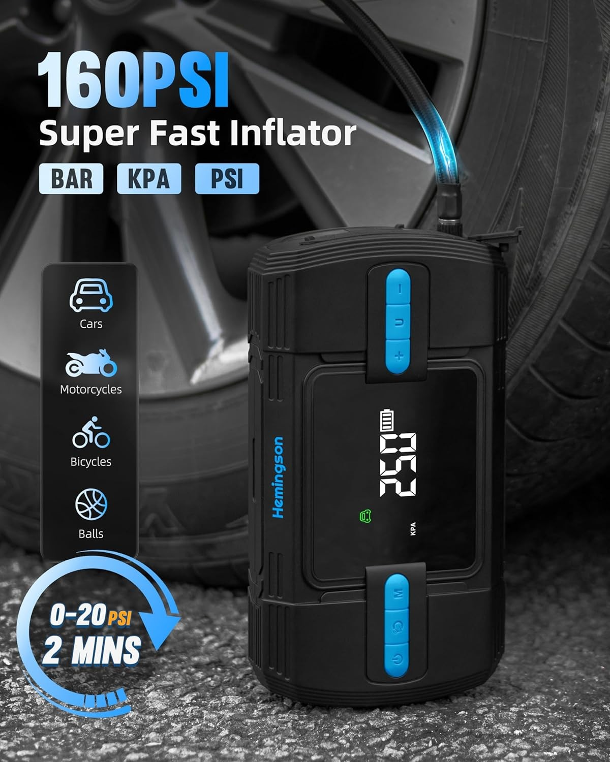 3000A Car Jump Starter with Air Compressor 160PSI Portable 12V