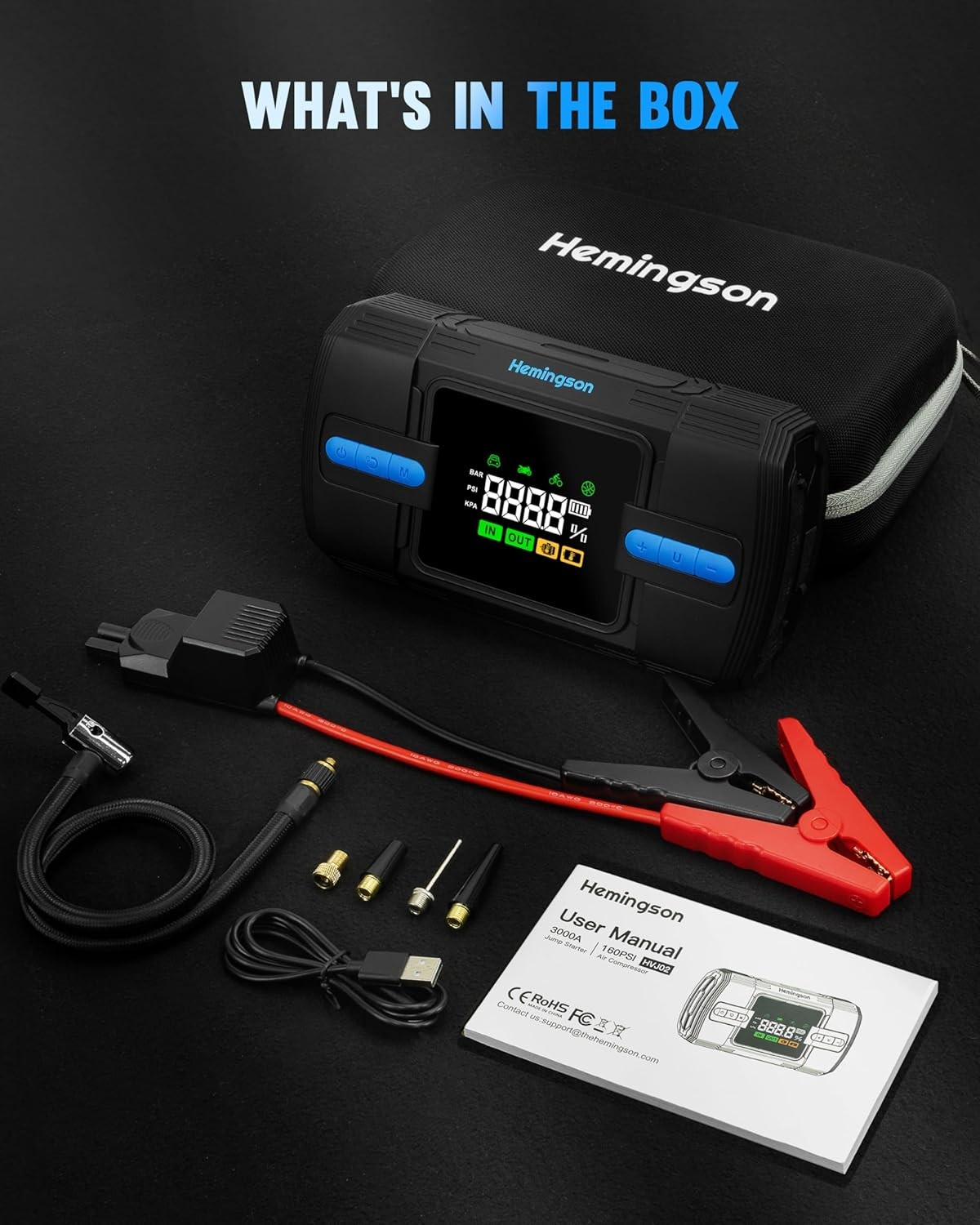 3000A Car Jump Starter with Air Compressor 160PSI Portable 12V