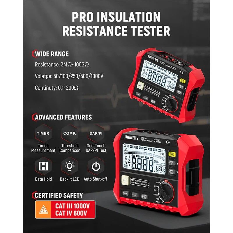 Megohmmeter, Insulation Resistance Tester, Up to 100GΩ, 50V/100V/250V/500V/1000V, One-Touch DAR/PI, with AC/DC Voltage Testing for Motors, Solar, HVAC