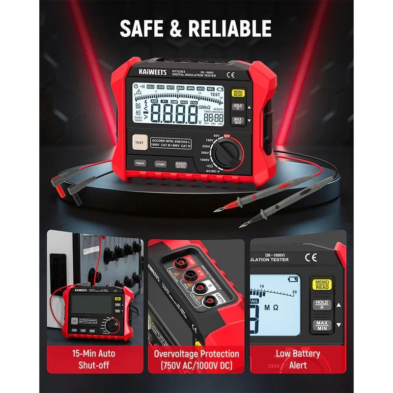 Megohmmeter, Insulation Resistance Tester, Up to 100GΩ, 50V/100V/250V/500V/1000V, One-Touch DAR/PI, with AC/DC Voltage Testing for Motors, Solar, HVAC