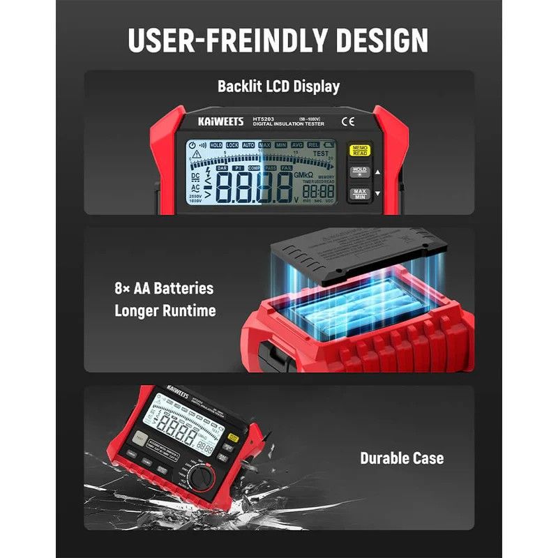 Megohmmeter, Insulation Resistance Tester, Up to 100GΩ, 50V/100V/250V/500V/1000V, One-Touch DAR/PI, with AC/DC Voltage Testing for Motors, Solar, HVAC