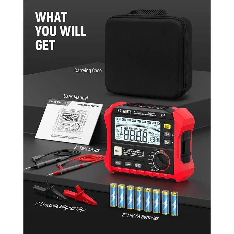Megohmmeter, Insulation Resistance Tester, Up to 100GΩ, 50V/100V/250V/500V/1000V, One-Touch DAR/PI, with AC/DC Voltage Testing for Motors, Solar, HVAC