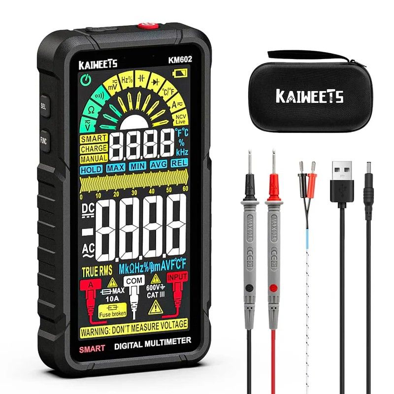 Smart Multimeter Rechargeable Electrical Tester with Auto Ranging Digital Voltmeter Measures Voltage Current Resistance Continuity Capacitance Temperature Frequency NCV 6000 Counts TRMS