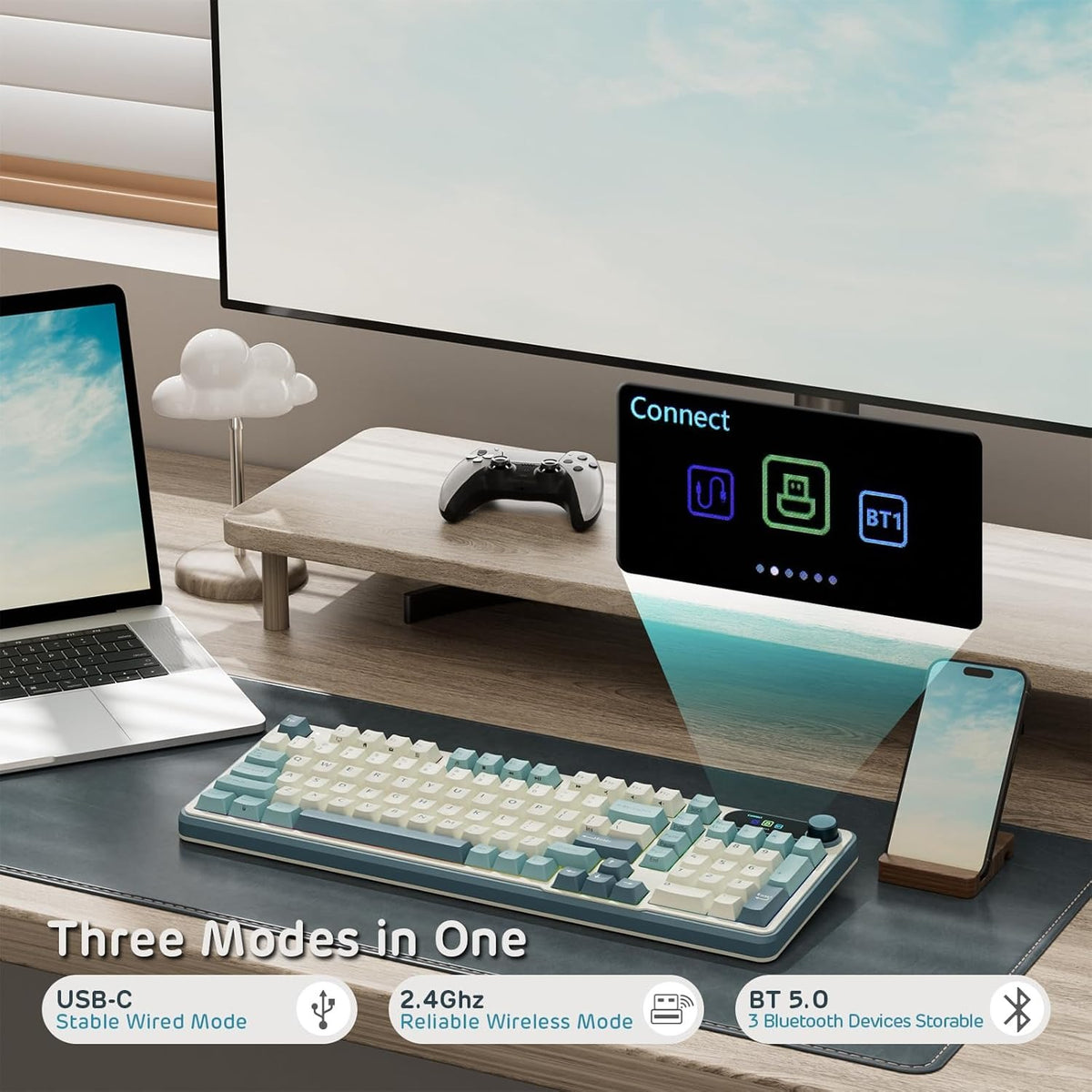 S98 Mechanical Keyboard w/Smart Display & Knob, Top Mount 96% Wireless Mechanical Keyboard BT/2.4G/USB-C, Hot Swappable, Pale Green Switch 98 Keys