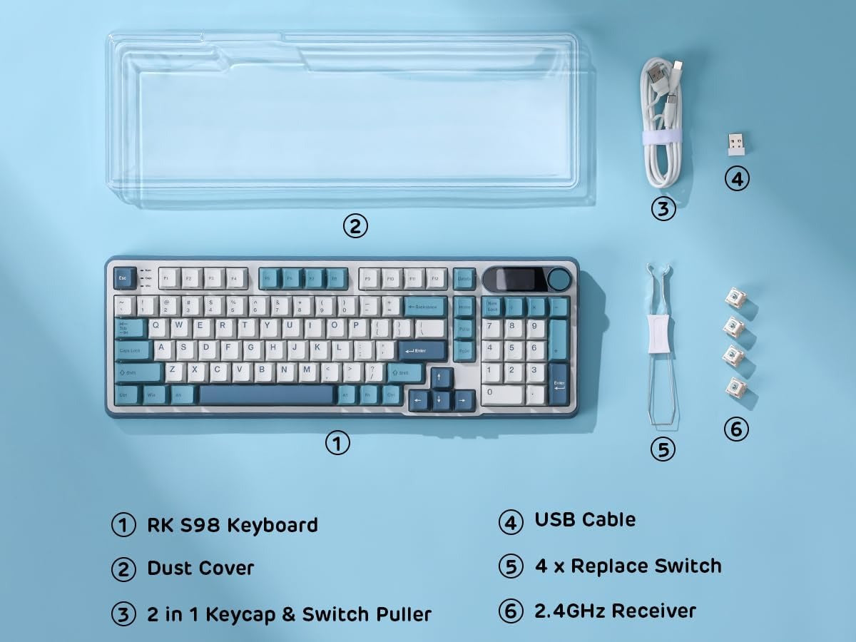 S98 Mechanical Keyboard w/Smart Display & Knob, Top Mount 96% Wireless Mechanical Keyboard BT/2.4G/USB-C, Hot Swappable, Pale Green Switch 98 Keys