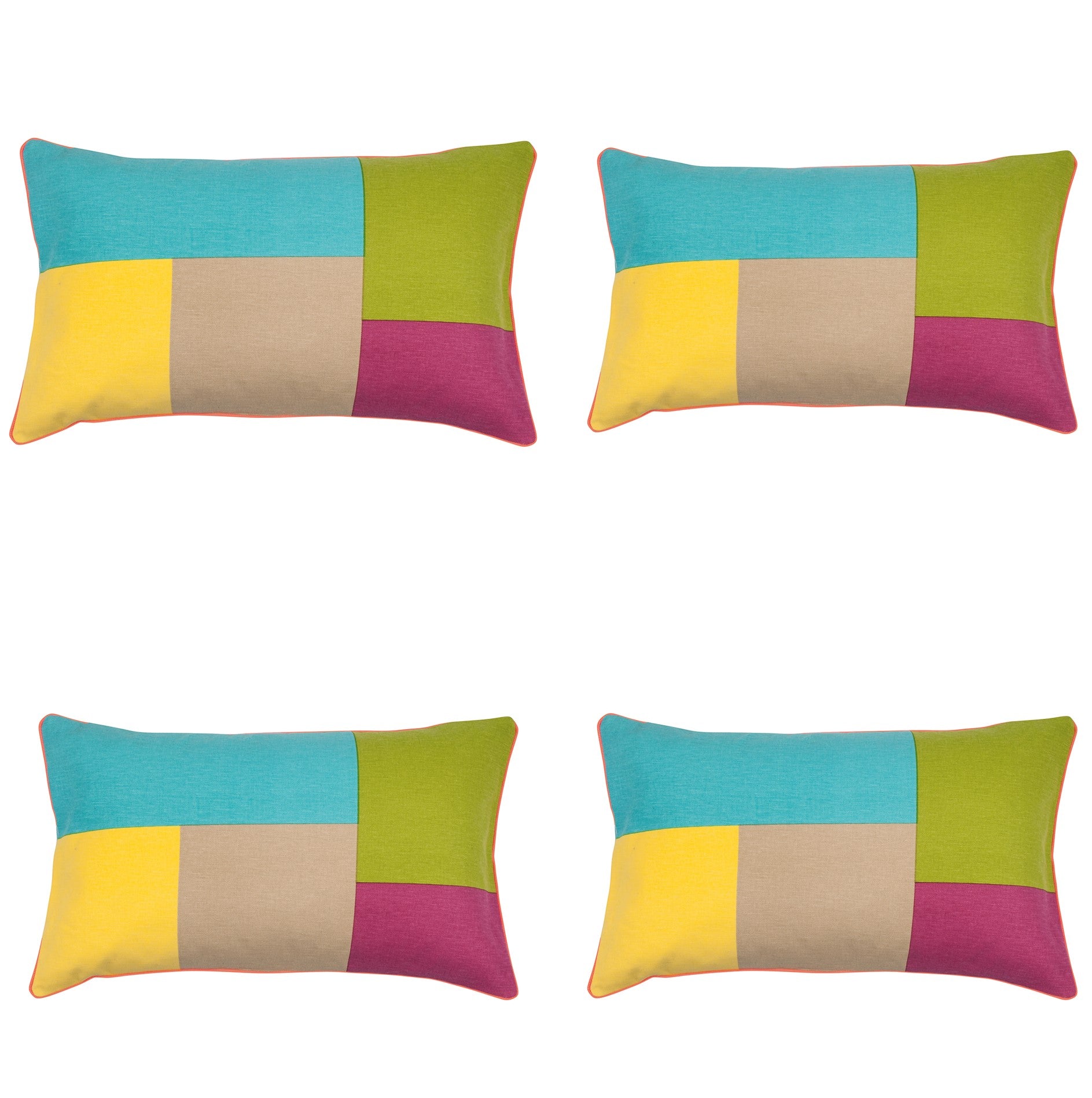 Pack of 4 Geo Turquoise Block Design Cushion Covers, Cotton, 30x50cm Set
