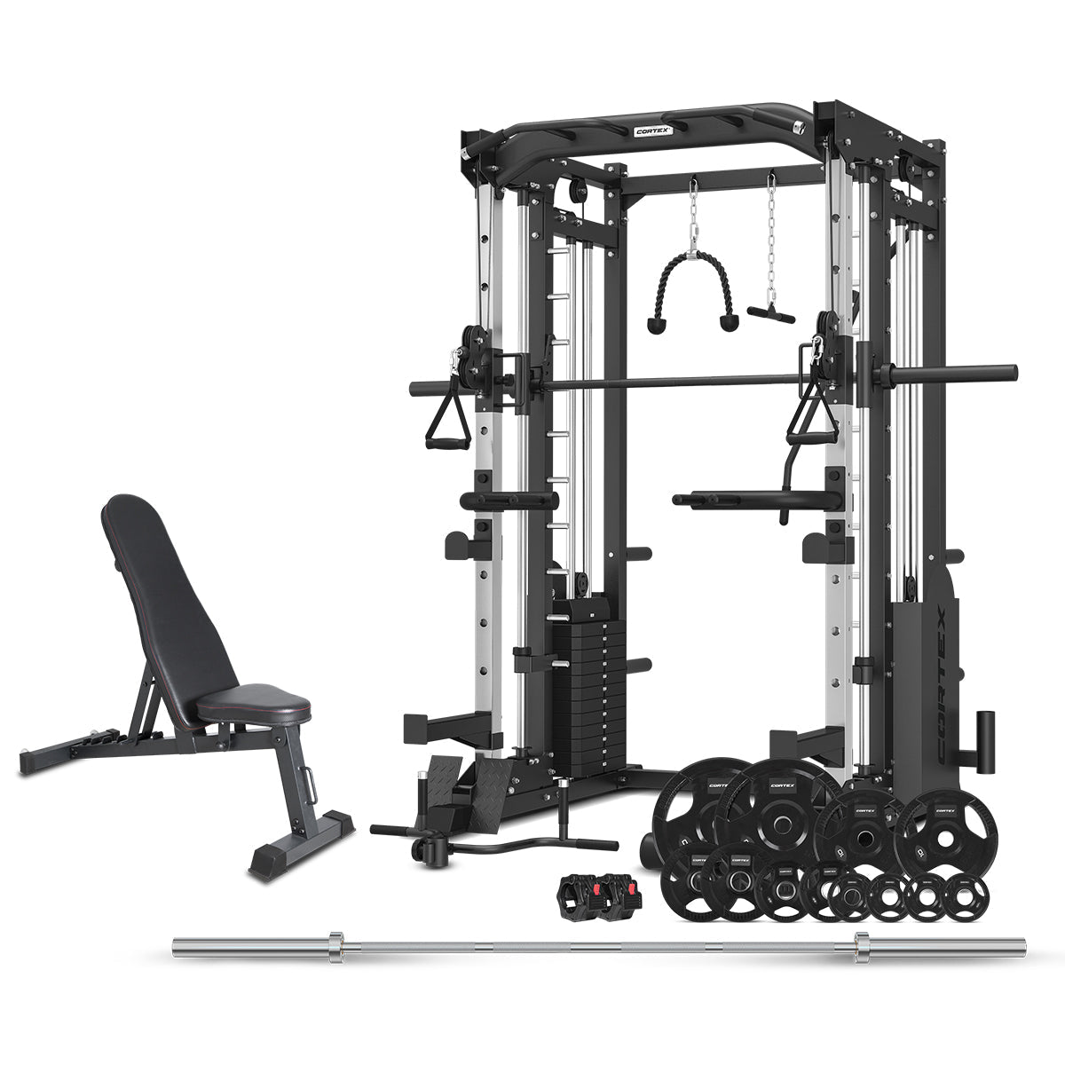 SM-25 6-in-1 Power Rack with Smith & Cable Machine + BN6 Bench + 100kg Olympic Weight Plate & Barbell Package