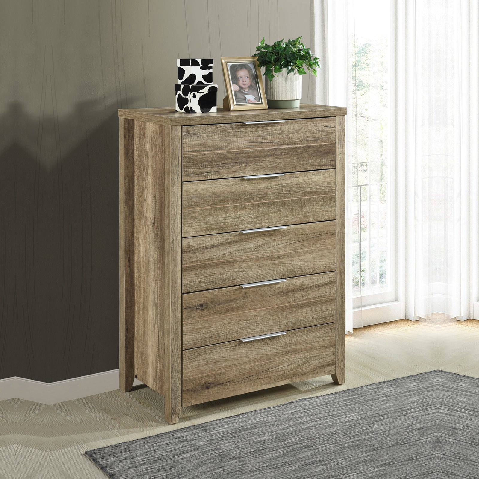 4 Pieces Bedroom Suite Natural Wood Like MDF Structure King Size Oak Colour Bed, Bedside Table & Tallboy