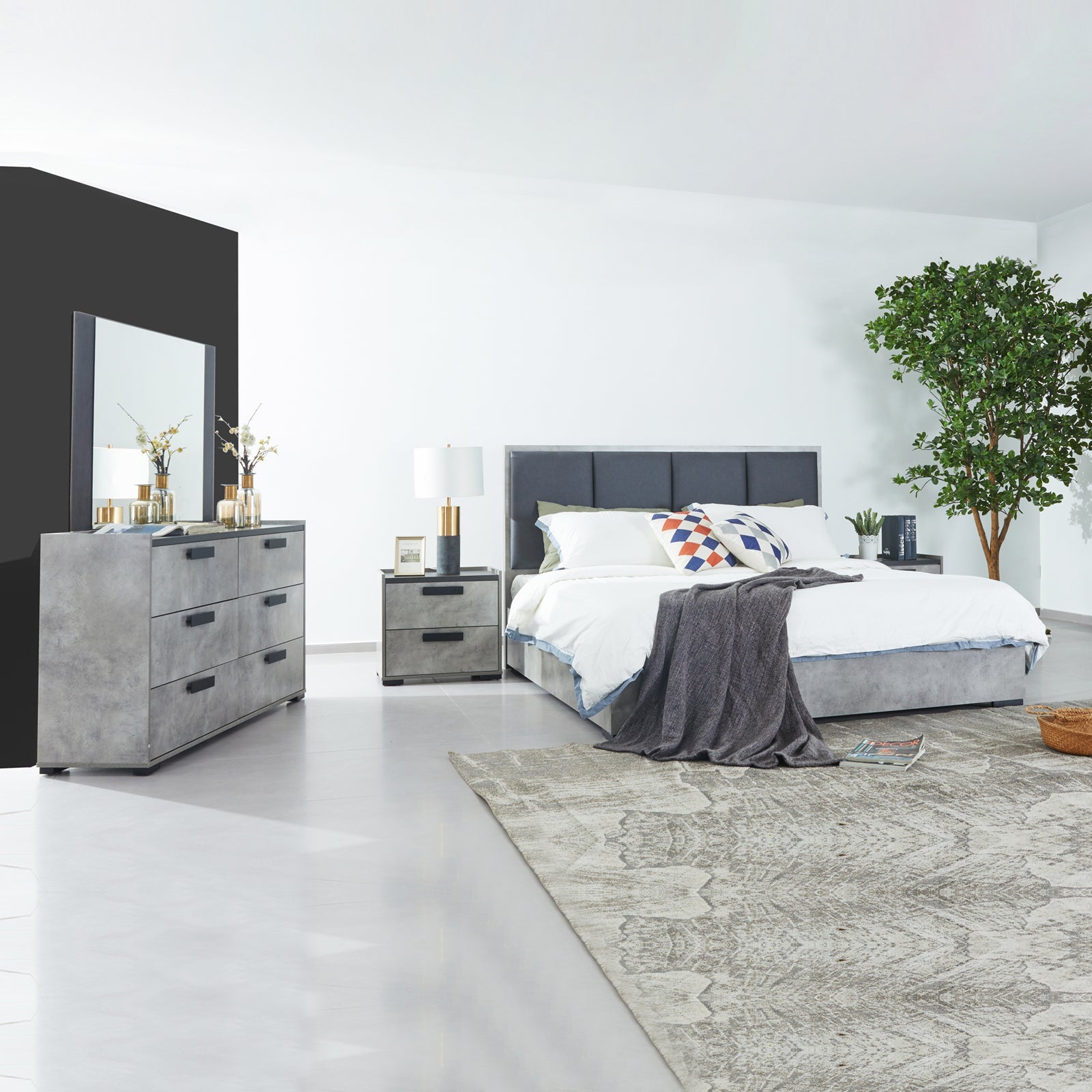 Queen 4 Pcs Bedroom Suite with Tallboy Fabric Upholstery MDF Combination of Black & Cement Colour