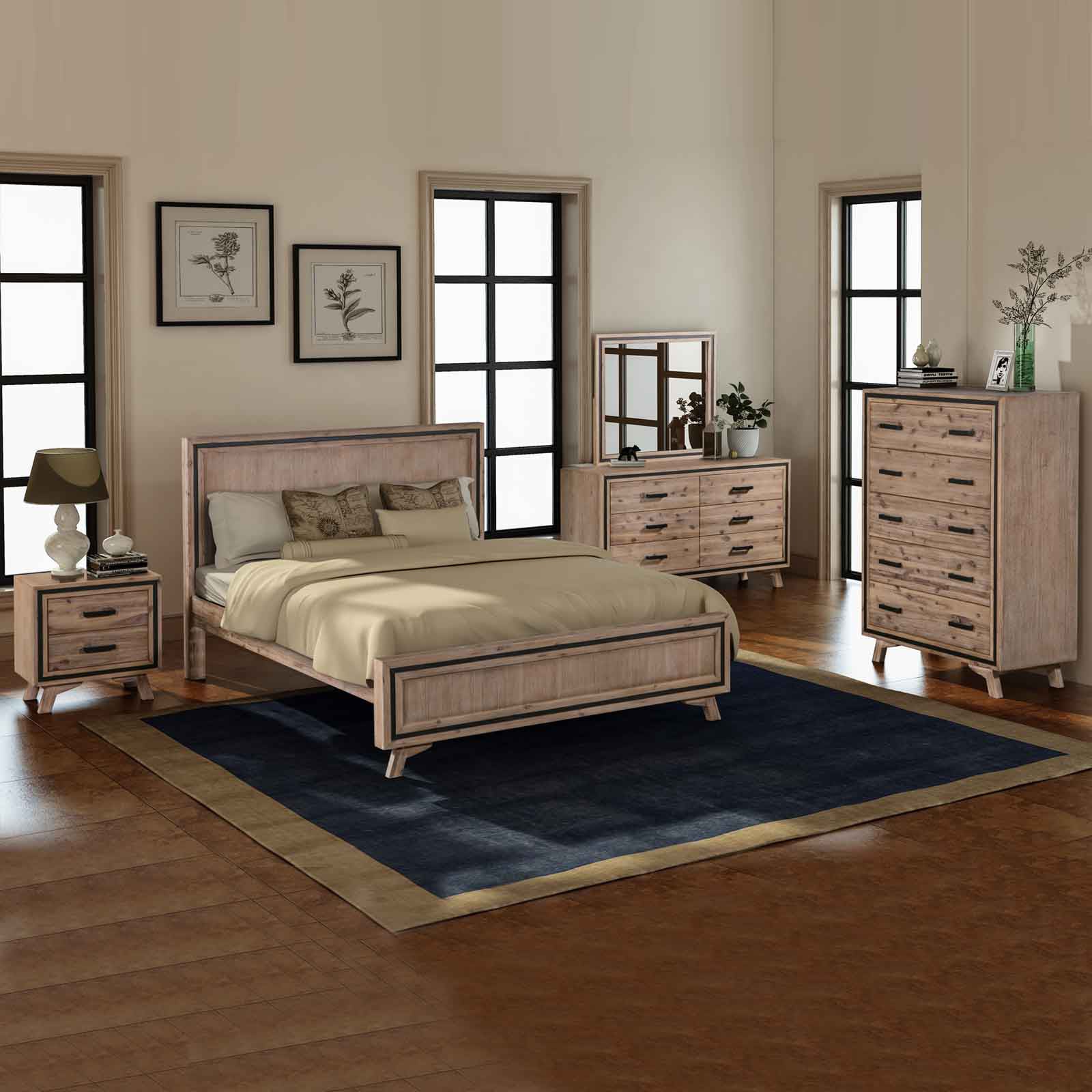 5 Pieces Bedroom Suite Queen Size Silver Brush in Acacia Wood Construction Bed, Bedside Table, Tallboy & Dresser