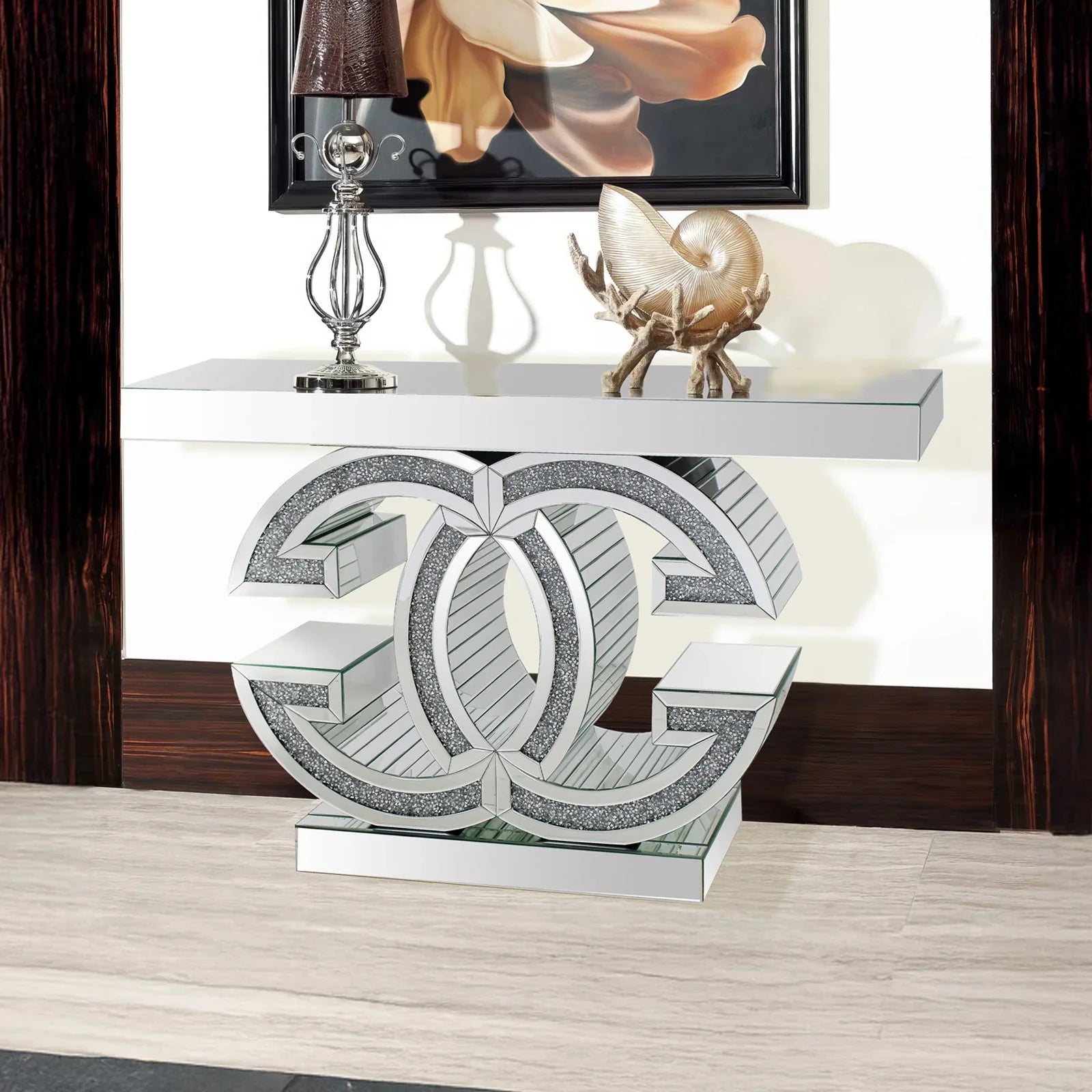 Hall Table MDF & Mirror & Crushed Acrylic Diamonds Silver Colour