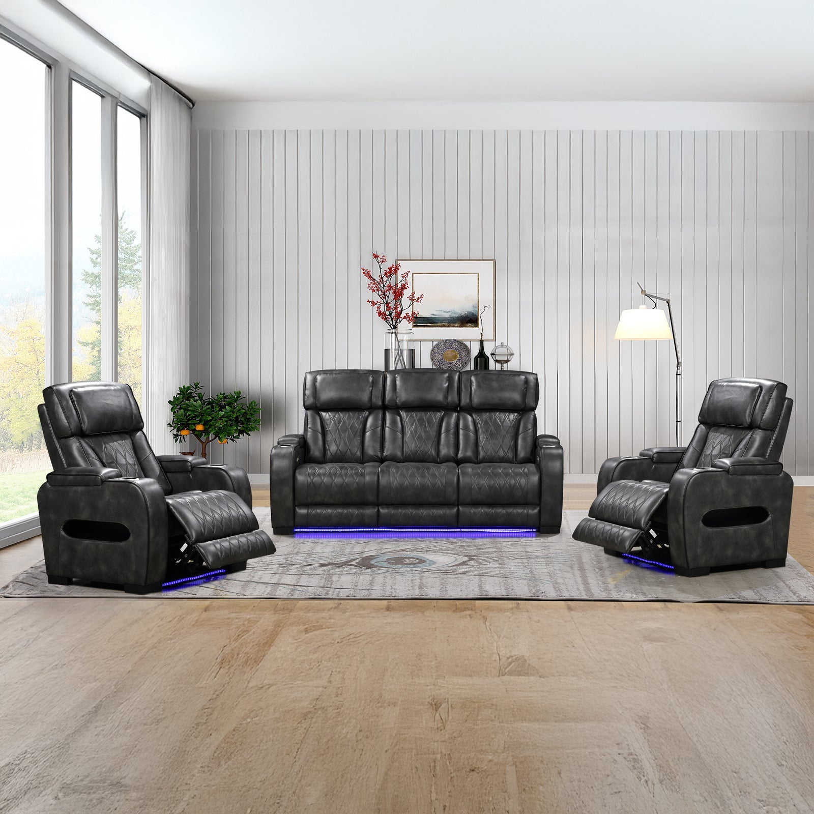 3-1-1 Seater Electric Air Leather Dark Grey Recliner Set