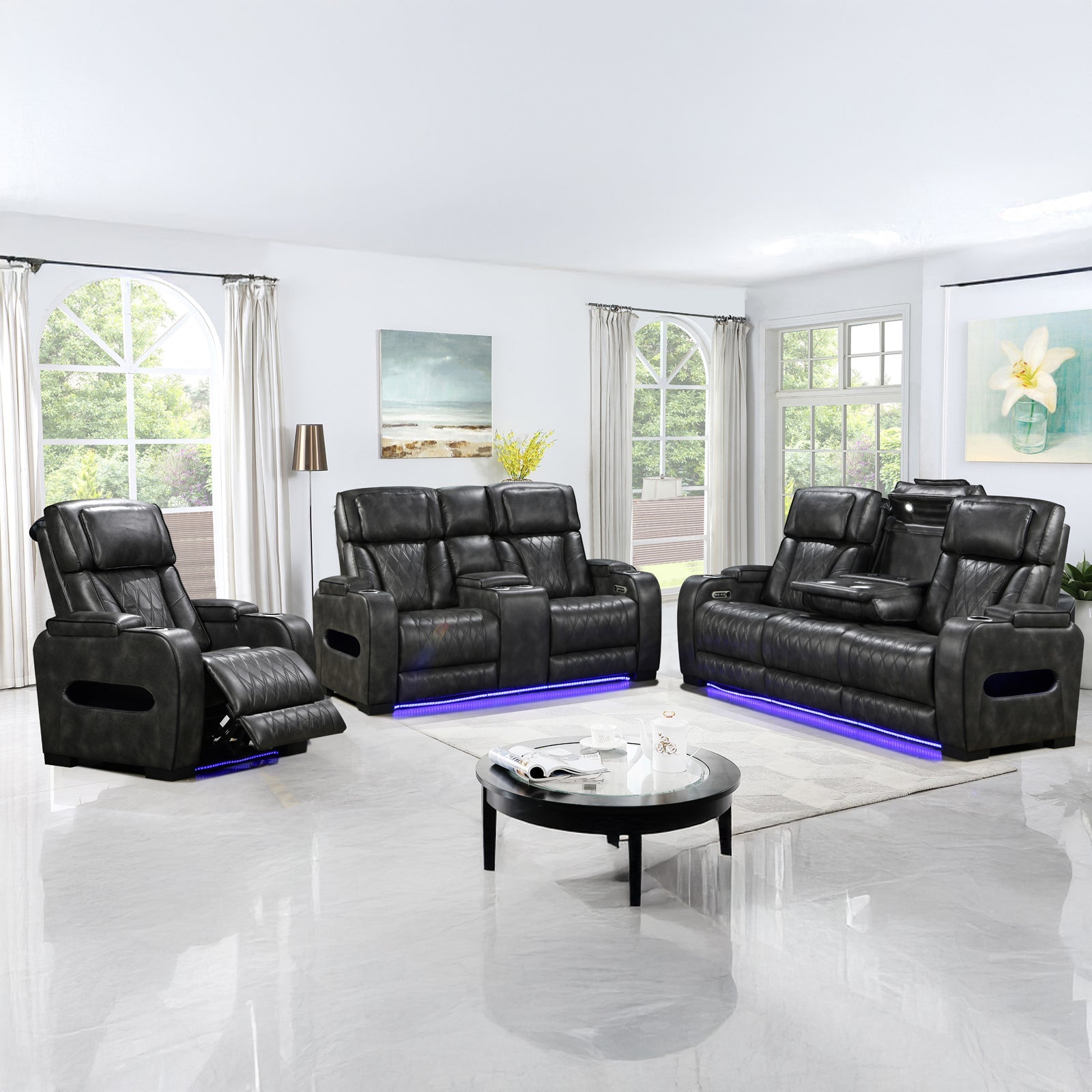 3-2-1 Seater Electric Air Leather Dark Grey Recliner Set