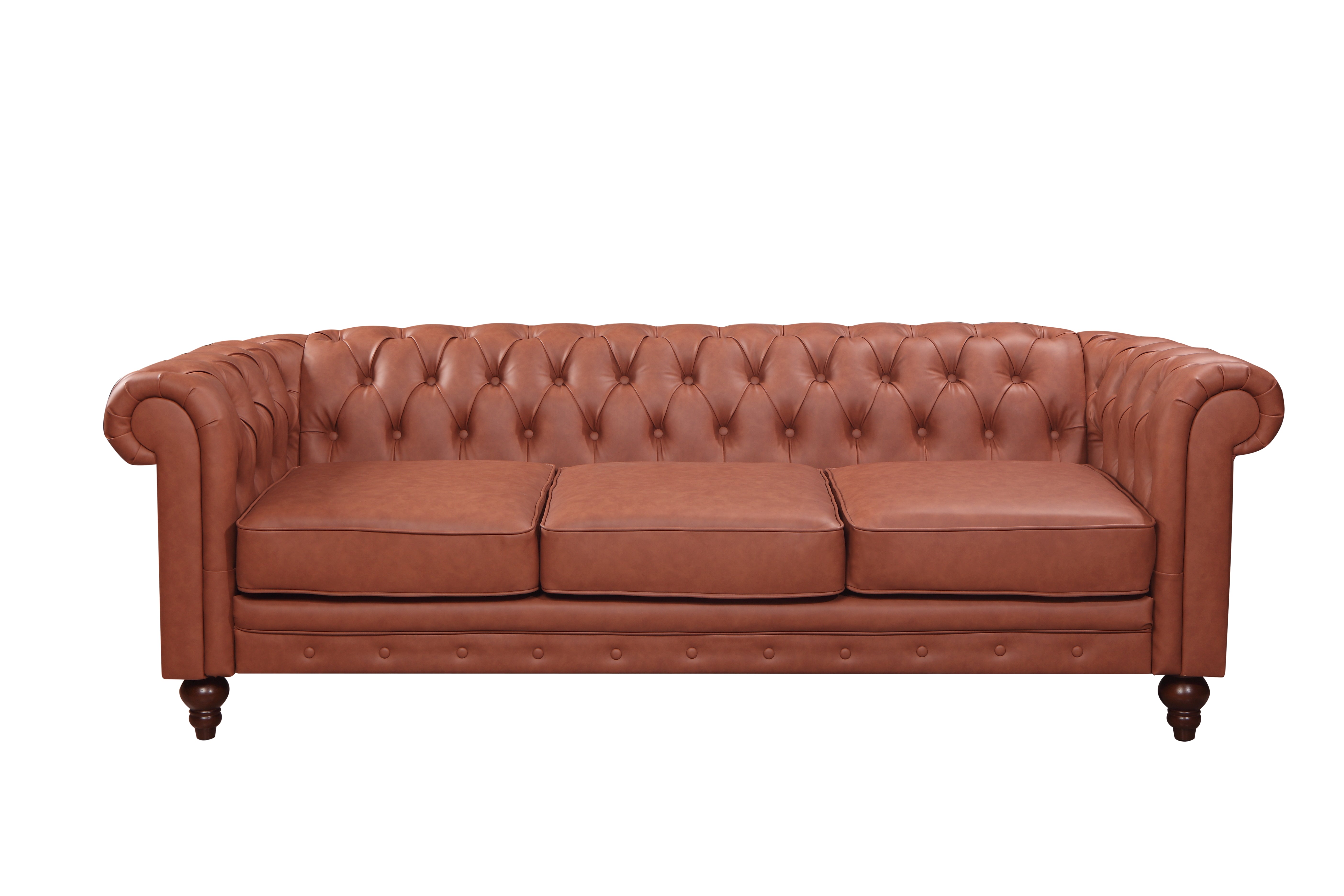 3 Seater Brown Sofa Lounge Button Tufted in Faux Leather