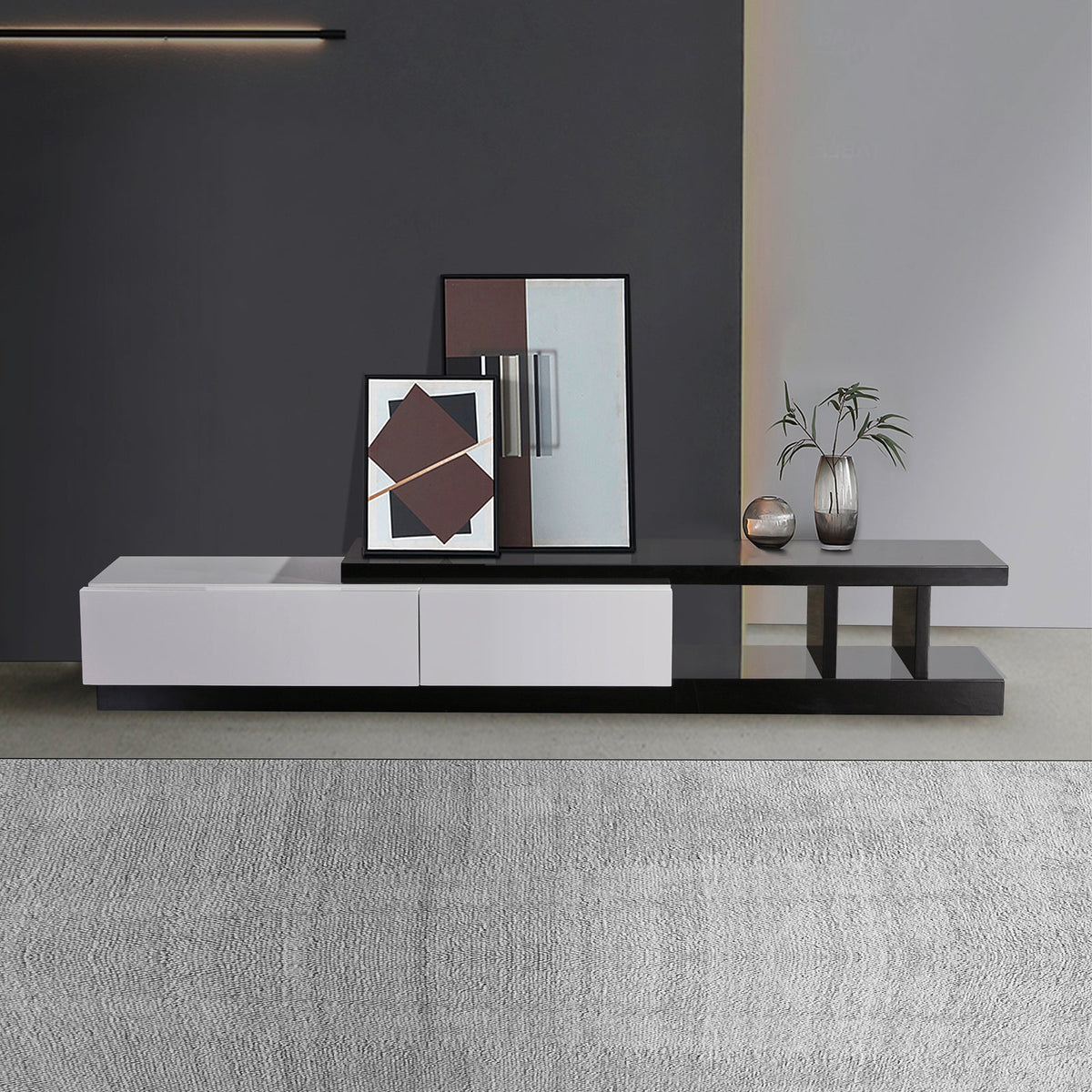 220cm High Gloss TV Cabinet Black & White Entertainment Unit 2 Drawers Assembled