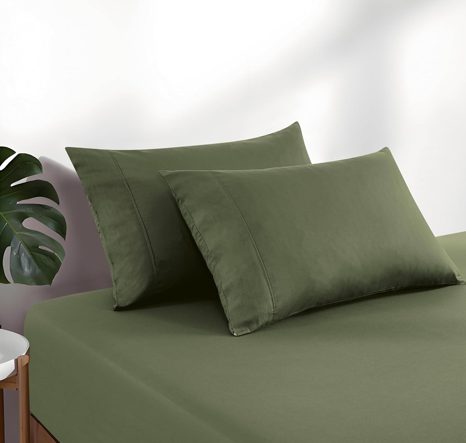 100% Vintage Washed Cotton Fitted Sheet Combo Set – 100% Natural Cotton, Ultra Soft & Breathable – Includes Fitted Sheet & Pillowcases – Machine Washable (Khaki Green, Double)