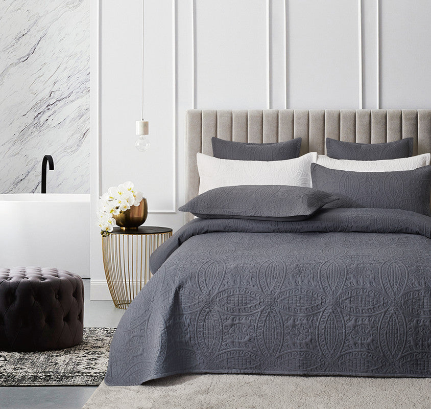 Lisbon Quilted 3-Piece Embossed Coverlet Set (Charcoal, Double/Queen)