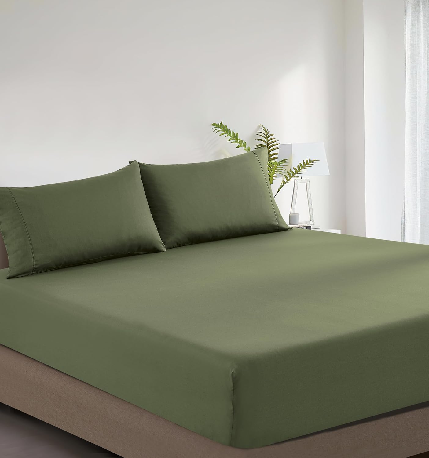 100% Vintage Washed Cotton Fitted Sheet Combo Set – 100% Natural Cotton, Ultra Soft & Breathable – Includes Fitted Sheet & Pillowcases – Machine Washable (Khaki Green, Queen)