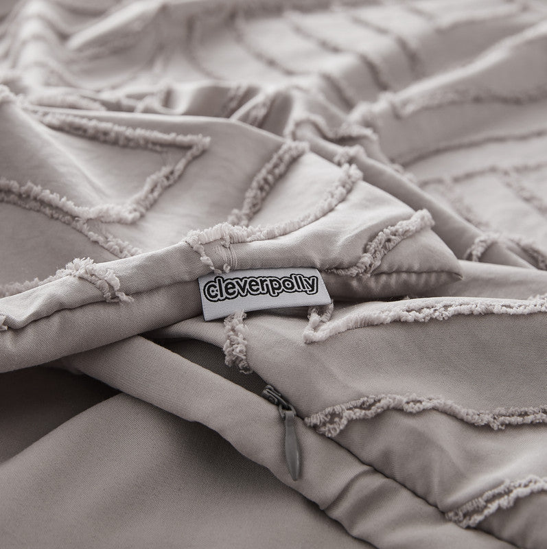 100% Premium Tufted Microfibre Quilt Cover Set - Ultra-Soft, Durable Embroidery Bedding Comforter Set - Machine Washable & Zipper Closure - Beige - Queen