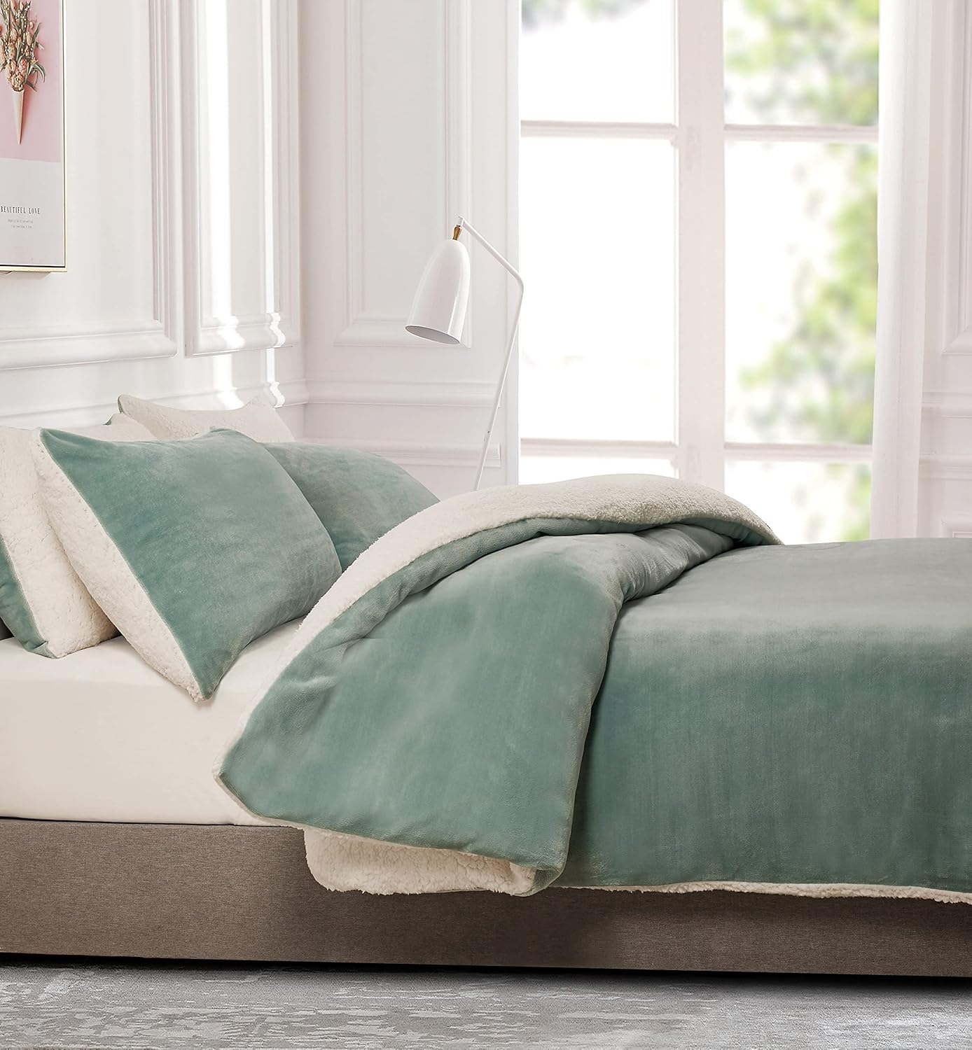 2-in-1 Teddy Sherpa Quilt Cover Set (King Size - Sage Green)
