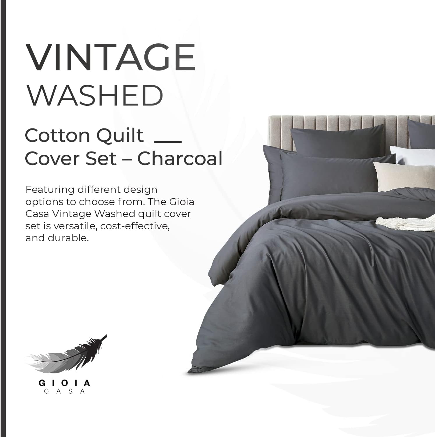 100% Cotton Vintage Washed Bed Quilt Cover Set - Charcoal - King Size