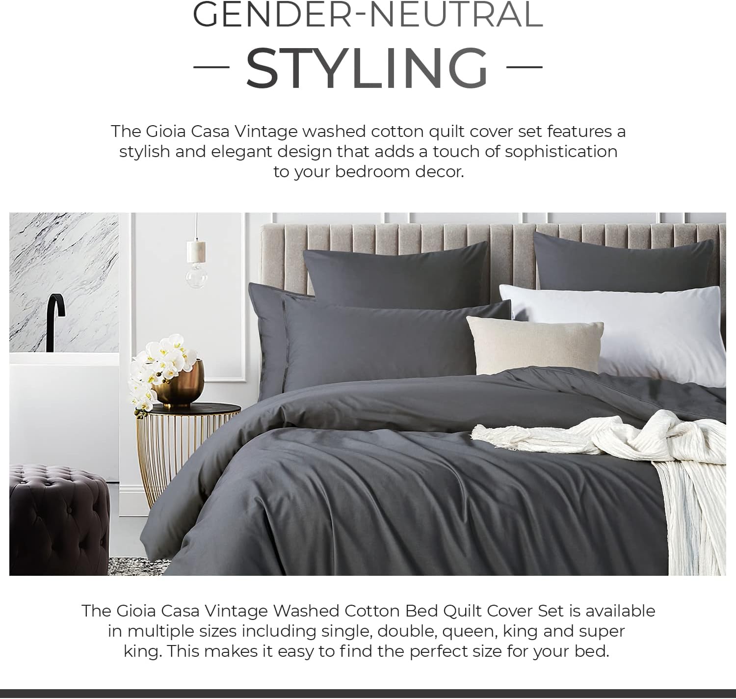 100% Cotton Vintage Washed Bed Quilt Cover Set - Charcoal - King Size