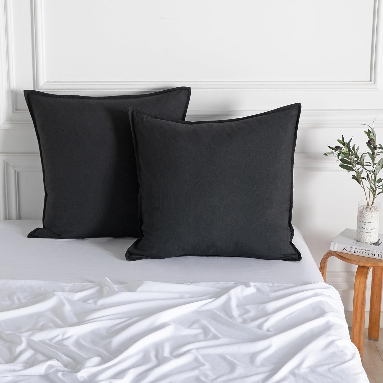 Vintage Washed Microfibre European Pillowcases - Set of 2 Luxurious European Pillow Covers - Black