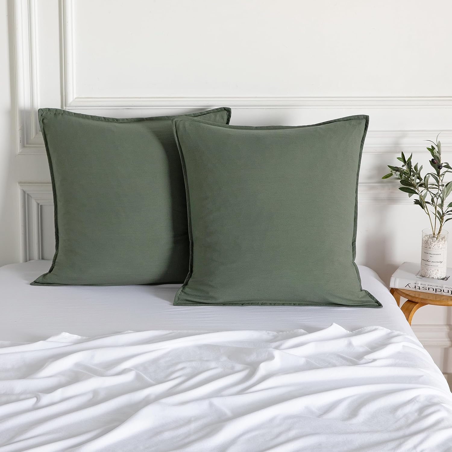 Vintage Washed Microfibre European Pillowcases - Set of 2 Luxurious European Pillow Covers - Khaki Green