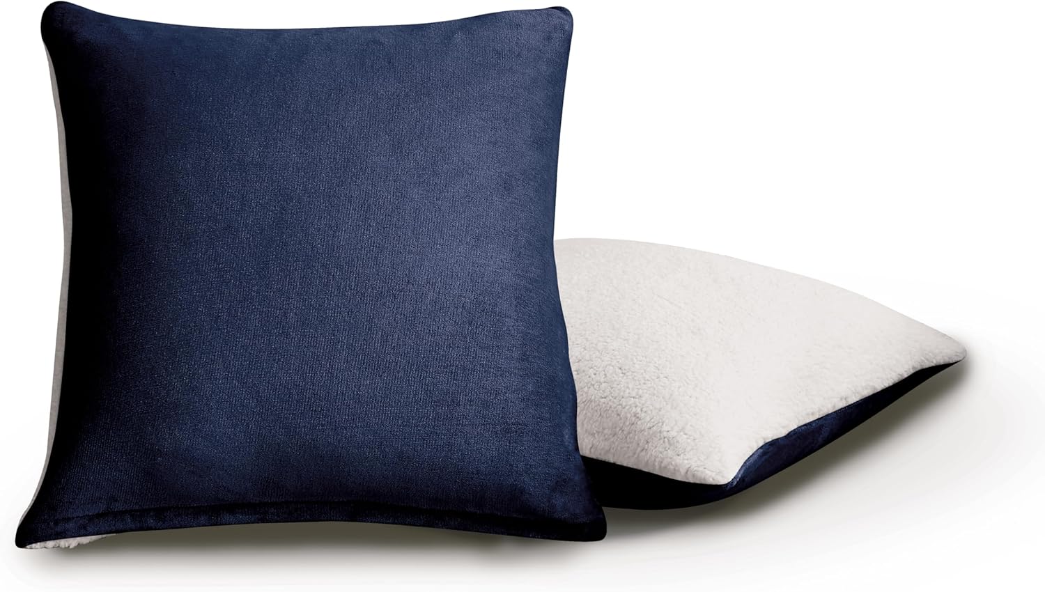 Teddy Sherpa Twin-Pack European Pillowcases - Soft Reversible Velvet & Sherpa Cushion Covers - Machine Washable with Zipper Closure -  65x65cm - Navy Blue