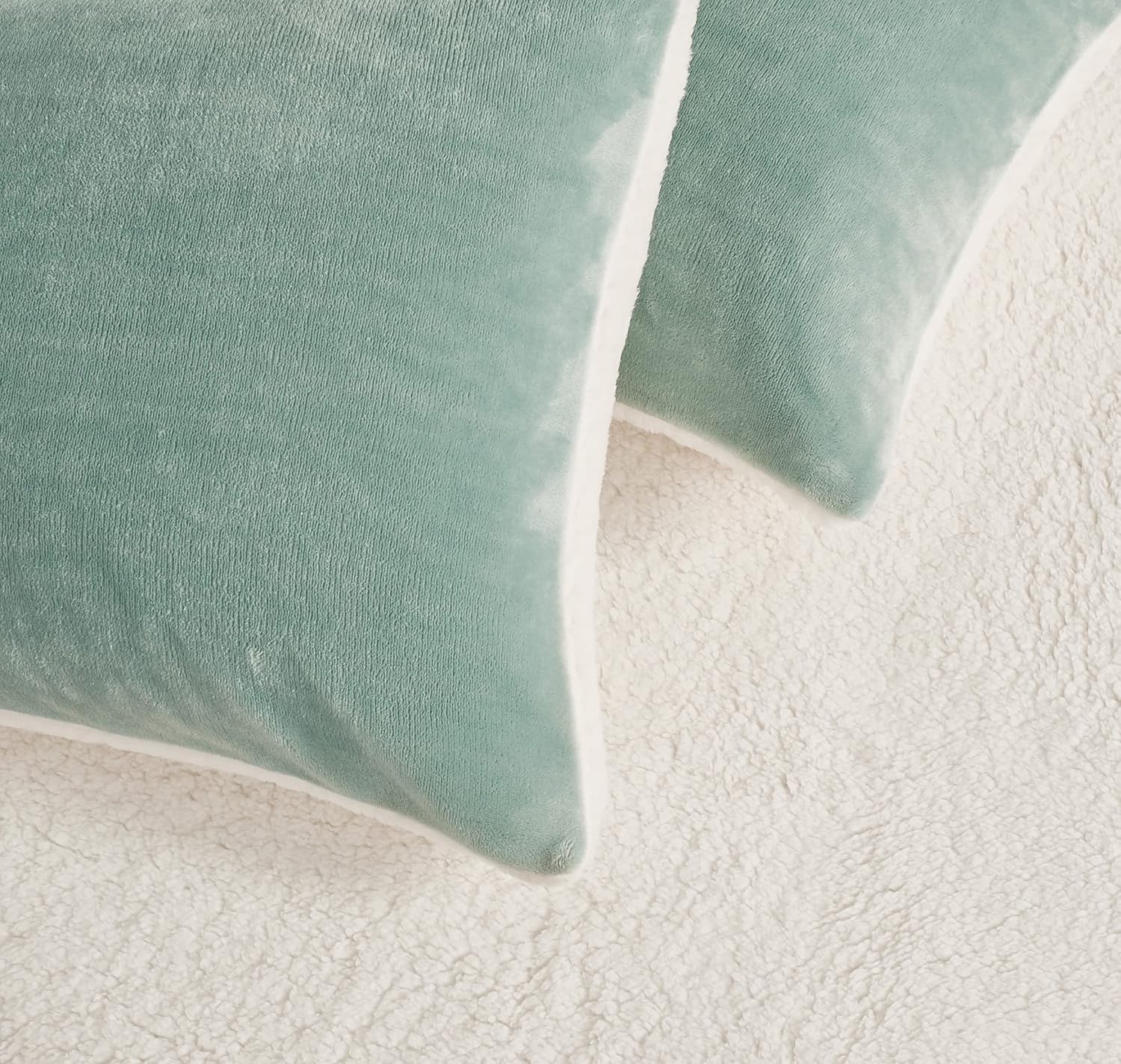 Teddy Sherpa Twin-Pack European Pillowcases - Soft Reversible Velvet & Sherpa Cushion Covers - Machine Washable with Zipper Closure -  65x65cm - Sage Green