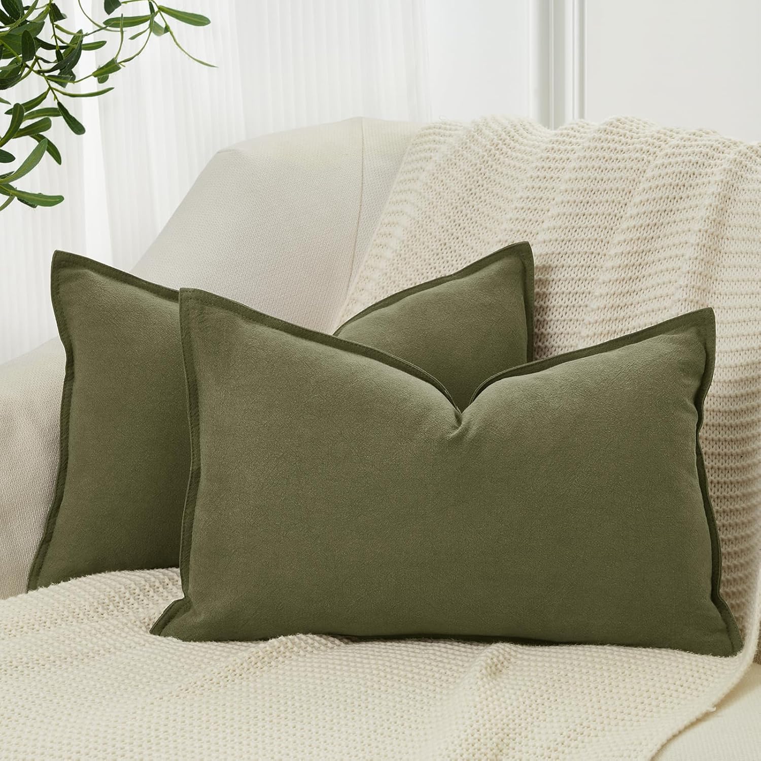 Linen Cushion Covers - 30% Linen 70% Cotton Blend, Soft & Breathable with Hidden Zipper Design - Olive Green, 30cm x 50cm (Twin Pack)