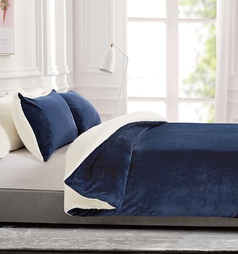2-in-1 Teddy Sherpa Quilt Cover Set (Navy Blue, Super King)