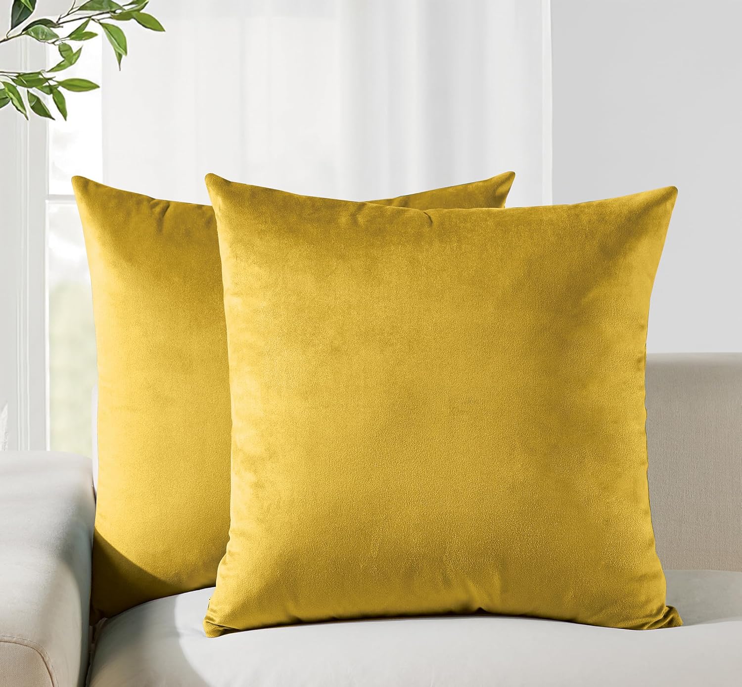 Twin-Pack Velvet Cushion Covers - Soft Microfibre Cushion Covers with Hidden Zipper (Yellow, 45cm*45cm)
